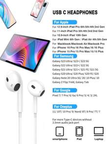 1Pack-USB C Headphones Compatible With IPhone 16/15 Type C Earbuds Wired Earphones With Mic & Remote Control Noise-Proof Compatible With Ipad Pro, Galaxy S23/S22/S21/S20/Ultra Note 10/20, Pixel 7/6/6a/5/4 - White - View 6
