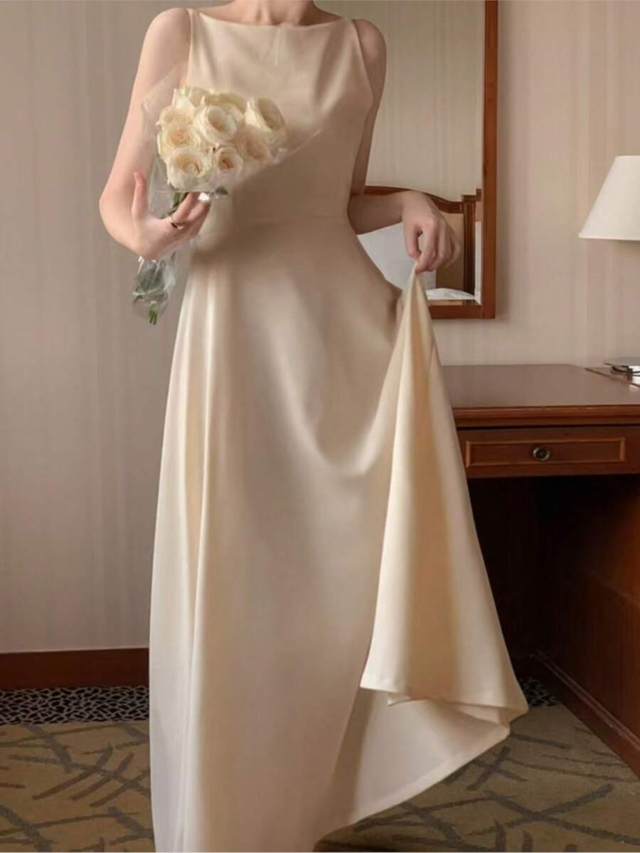 优雅细肩带香槟色婚礼宾客礼服春夏演唱会简约朴素晚会鸡尾酒会 - 杏色 - 查看 1