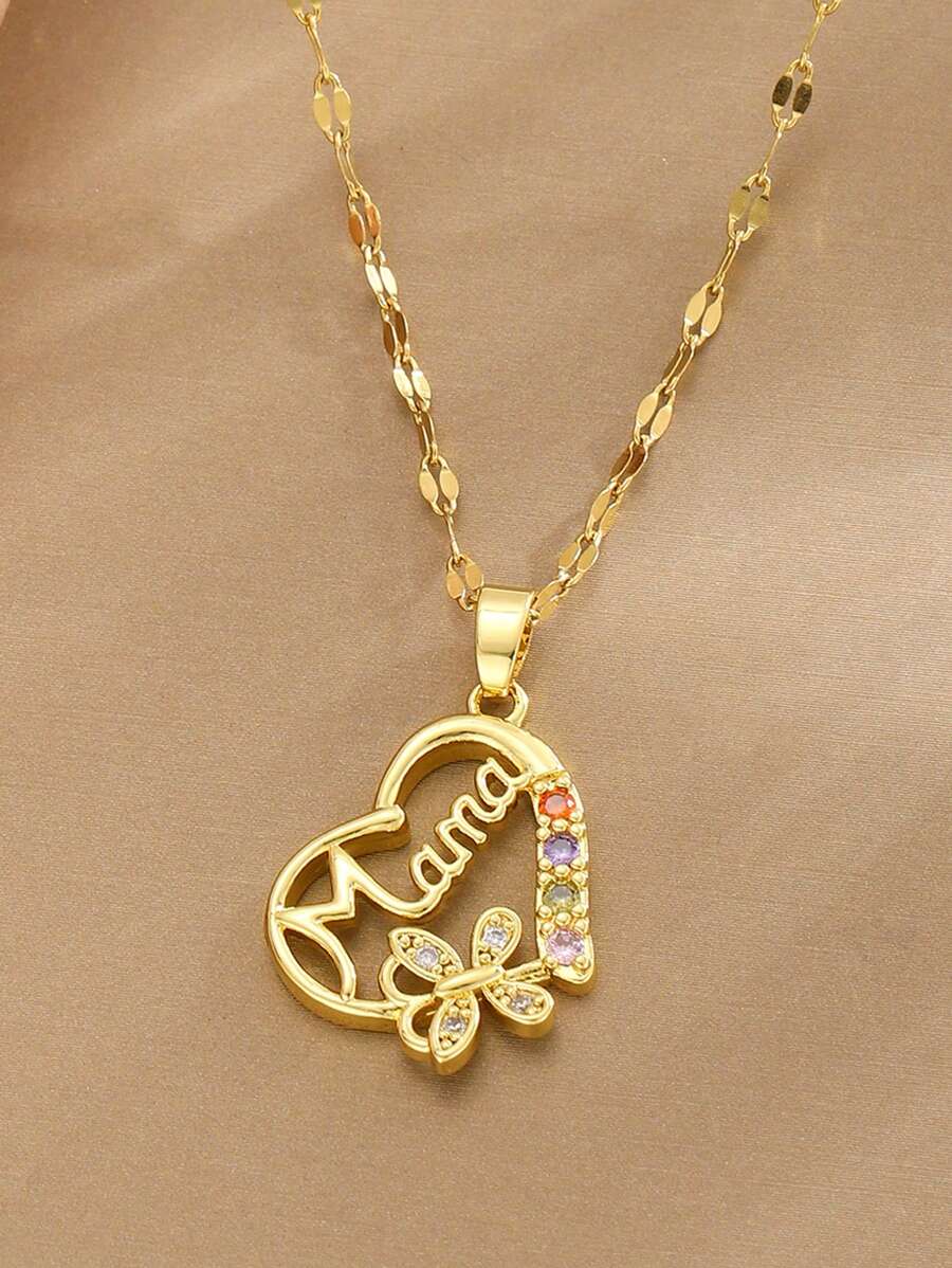 1pc Elegant Rhinestone Butterfly Heart Pendant Necklace, Mother's Day Gift - one-size - View 1