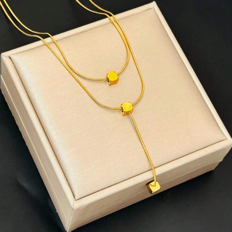 Mini Square Pendant Necklace, Titanium Steel Double-Layer Clavicle Chain, Unique Design, Suitable For Women, Ins Minimalist Style Style - [96045] Double-layer Cube Steel Color - View 1