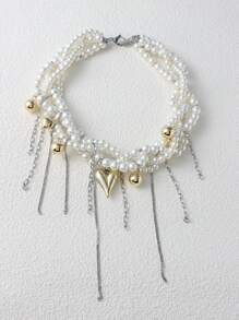 Dark Style Multi-Layer Faux Pearl Wrapped Golden Heart Tassel Necklace, Women's Contrast Beaded Choker Necklace, Punk Hip-Hop Handmade Beaded Necklace - Grey - View 15