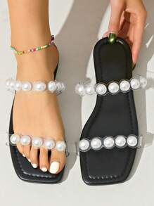 Nuevas chanclas casuales planas de mujer para primavera/verano, con perlas, cristal transparente de TPU, cómodas sandalias de estilo resort, versátiles y ligeras