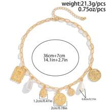 1 件复古多元素设计金属几何方形和圆形吊坠流苏项链，女士时尚巴洛克仿珍珠太阳爱眼吊坠颈链