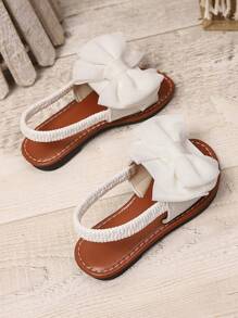 1 par de sandalias planas blancas de talla grande para niñas bebés/niñas pequeñas, con decoración de lazo de malla de unicolor, correa elástica en la parte trasera, punta redonda, suela antideslizante y ligera, estilo gladiador de moda para el verano, adecuadas para niñas de 3 a 15 años para uso diario, fiestas y viajes