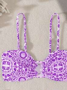 2pcs/Set Fashionable Blue & White Porcelain Printed Swimsuit, Spring/Summer - Purple - View 4
