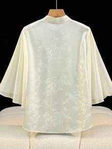 优雅中国风手工青蛙纽扣竹叶熊猫提花荷叶边袖雪纺短袖衬衫束腰外衣，春夏