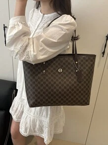 新款时尚女士大容量全身印花设计字母图案装饰设计双手柄手提包适合工作和通勤、书包、大容量、便携、经典休闲、商务休闲、适合青少年女孩、女大学生、白领工作者、非常适合工作、返校、中学、高中、大学、度假、带拉链的时尚手提包 - 咖啡 - 查看 4