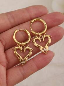 1pair Punk Style Heart Shaped Stainless Steel Pendant Earrings, Hip Hop Y2K Accessories, Suitable For Women's Daily Wear Jewelry Valentines