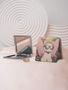 1pc Vintage Millennium Kitten Series Portable Vanity Mirror, Folding Lightweight Ultra Thin Convenient Hand Mirror, PU Leather Case, Stainless Steel Metal Vacuum Plated, Multi-Scene For All People, Folding Square Pocket Mirror