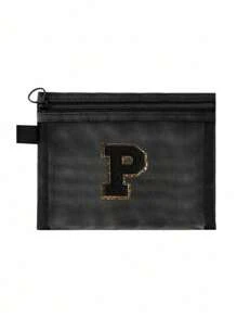 Black Mesh Bag, Large Capacity With Name Initials, Towel Embroidered Letters A-Z, Transparent Mesh Cosmetic Storage Bag, Multi-Functional Travel Portable Bag, Lipstick Skincare Product Storage Washing And Makeup Bag, Student Stationery Bag, Mesh Zipper Bag, Travel Cosmetic Packaging Storage Bag, Simple And High-End, Accessory Storage, Suitable For Dormitory Storage, Travel, Business Trip, Swimming, Home Storage Make Up Bag - Black - View 16