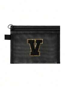 Black Mesh Bag, Large Capacity With Name Initials, Towel Embroidered Letters A-Z, Transparent Mesh Cosmetic Storage Bag, Multi-Functional Travel Portable Bag, Lipstick Skincare Product Storage Washing And Makeup Bag, Student Stationery Bag, Mesh Zipper Bag, Travel Cosmetic Packaging Storage Bag, Simple And High-End, Accessory Storage, Suitable For Dormitory Storage, Travel, Business Trip, Swimming, Home Storage Make Up Bag - Black - View 14