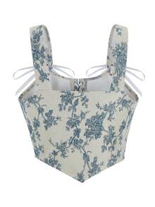 女士优雅花卉提花交叉带吊带背心上衣，适合新年派对、情人节、节日波西米亚风紧身胸衣上衣 - 彩色 - 查看 4