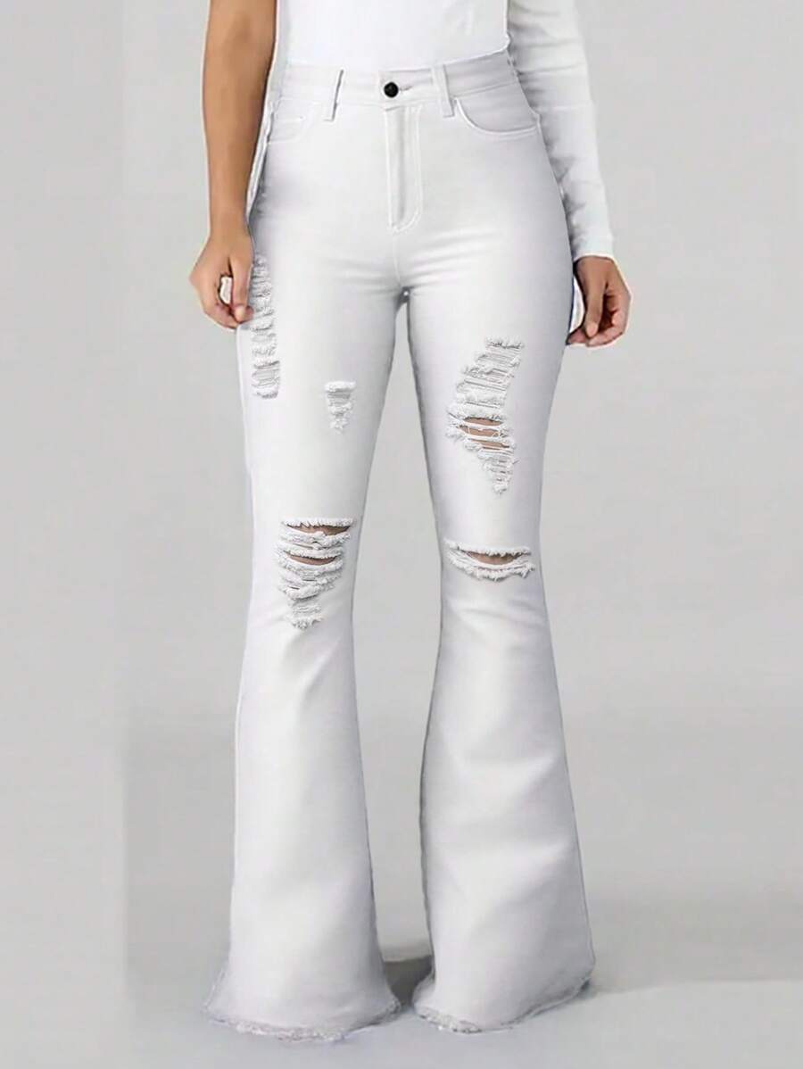 Women's Hip Lifting Jeans, Fashionable High Waisted, Belly Cinching, Perforated Jeans, Flared Boot Jeans - 白色 - 查看 1