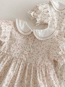 1pc Baby Girls Ditsy Floral Casual Princess Dress, Summer Outfit - Apricot - View 7