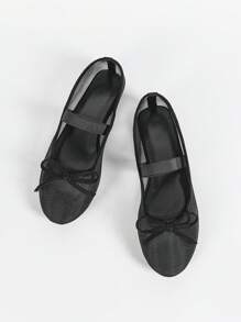 Women's Round Toe Mesh Bow Ballerina Flats, Elegant Minimalist Breathable Retro Mary Jane Slip-On Style, Fashionable And Comfortable For Daily Wear