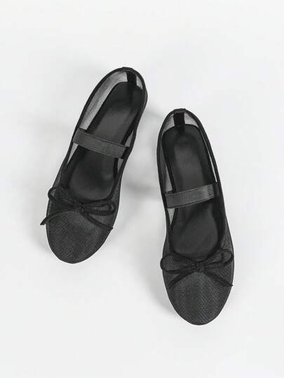 Women's Round Toe Mesh Bow Ballerina Flats, Elegant Minimalist Breathable Retro Mary Jane Slip-On Style, Fashionable And Comfortable For Daily Wear