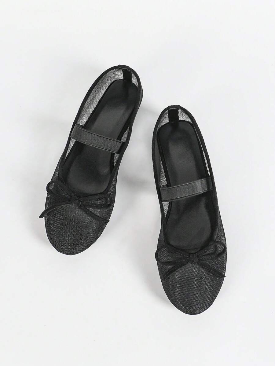Women's Round Toe Mesh Bow Ballerina Flats, Elegant Minimalist Breathable Retro Mary Jane Slip-On Style, Fashionable And Comfortable For Daily Wear