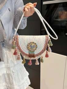 2025 New Spring And Summer Fashion Woven Small Bag Ladies Fashion Straw Semi-Circular Bag High Sense Joker Messenger Bag - Multicolor - View 6