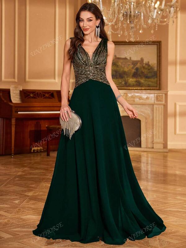 UNITHORSE UNITHORSE [Random Cutout] Women's V-Neck Gradient Sequin Chiffon Waist Gathered Solid Color Elegant Party Dress, Wedding Dress, Formal Dress, Evening Dress, Birthday Women Outfits, Graduation Dress,Gown,Wedding Guest