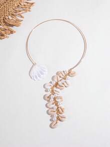 1pc Fashionable Boho Retro Style Resin Seashell & Faux Pearl Beaded Tassel Iron Choker Necklace, Suitable For Activities, Beach Party And Gifts (Seashells And Faux Pearls Vary In Size And Quantity) - Multicolor - View 6