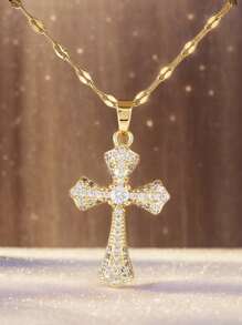 1 chiếc vòng cổ mặt thánh giá vàng đính đá Zirconia thời trang, vòng cổ mặt thánh giá khảm đồng đa năng bằng đá Zirconia (không có hộp), có thể dùng làm quà tặng ngày lễ, trang sức theo chủ đề Ngày lễ thăng thiên, hàng mới về - Vàng - Xem 6