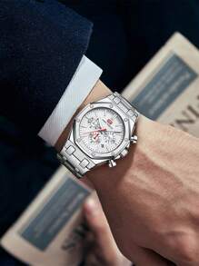 1 件装男士运动石英表多功能小表盘日历夜光指针不锈钢表带商务休闲男士手表礼物 - 均碼 - 查看 3