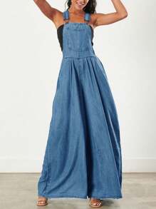 Denim Back Strap Wide Leg Jumpsuit Women Loose High Waist Draped Straight Jumpsuit - Medium Wash - View 3