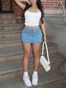 女士休闲A字牛仔迷你裙，带腰带环，春夏时尚单品 - 中等水洗藍 - 查看 5