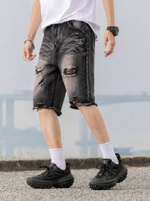 Fashionable Straight Leg Mid-Length Denim Shorts For Teen Boys - Black - View 1