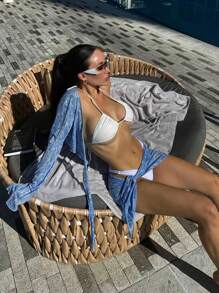 4pcs Set Blue Sheer Fabric With Fresh Floral Print, Fashionable Design