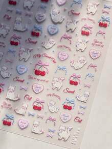 1 Sheet 5D Embossed Self-Adhesive Nail Art Stickers, Cute Bow, Strawberry, Cherry, Cat, Flower Patterns, Glitter, Odorless, Plastic Material For Hands & Feet Nail Art DIY, Decorative For Daily Use, Phone Cases, Diaries, Loved By Women & Girls