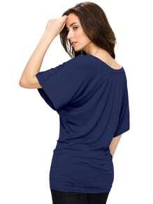 HIGHFINE Women's Boat Neck Short-Sleeved Bat Sleeve On The Band Side Draping - Màu xanh hải quân - Xem 3