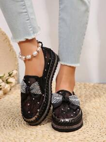 Damskie buty sportowe w dużych rozmiarach na jesień/zimę, zdobione kryształkami, przeszycia motylkowe, płaskie, okrągłe noski, gumka, buty codzienne, trampki damskie - Czarne - Zobacz 6