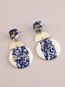 1 Pair Handmade Polymer Clay Modern Tri-Layer Gold Foil Colorblock Long Dangle Earrings For Women, Suitable For Vacation, Party And Daily Wear - Blue and White - View 1