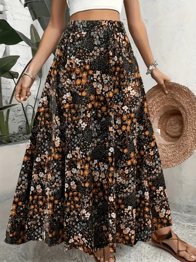 MakeMeChic Plus Size Women Floral Print High Waist Pleated A-Line Maxi Skirt