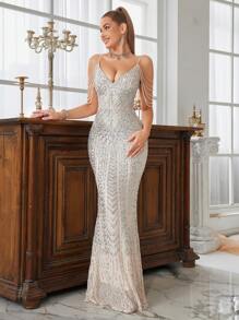 亮片魚尾裙下擺正式連衣裙