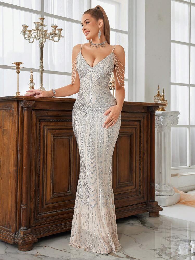 Vestido de fiesta de mujer con decoración de lentejuelas, vestido de noche sirena con tirantes finos, vestido de invitada de boda, vestido formal - Plateado - Añade 7