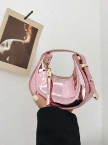 1 pieza Bolso mini infantil PU brillante con forma de media luna, correa de hombro ajustable, cierre de cremallera, bolso estético, moda casual y cómoda, suave y versátil, apta para salidas diarias, jugar, compras diarias y viajes de niñas