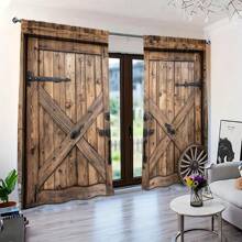 2 Pieces Of Simulated Wooden Door Handle Wheel Print Curtain 3D Digital Print Shade Curtain Retro Pasture Wood Pattern Suitable For Living Room Bedroom Study Dining Room HD Printing Soft Light Adjustment Four Seasons Universal Easy To Clean Anti-Fading Heat Insulation To Create A Romantic Atmosphere To Enhance Home Taste For Wardrobe Dust - Sprout Green - View 4