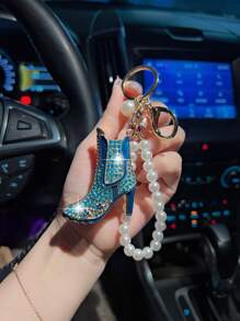 1pc Pearl Chain & Rhinestone Decor High Heel Car Keychain