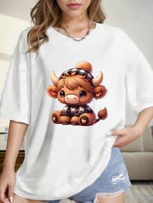 Cute Highland Cow Print, Comfortable Tee For Everyday Wear