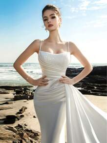 Elasola 串珠刺绣缎面美人鱼风格白色婚纱，优雅正式晚会舞会婚礼宾客礼服，适合毕业典礼、晚宴、新娘