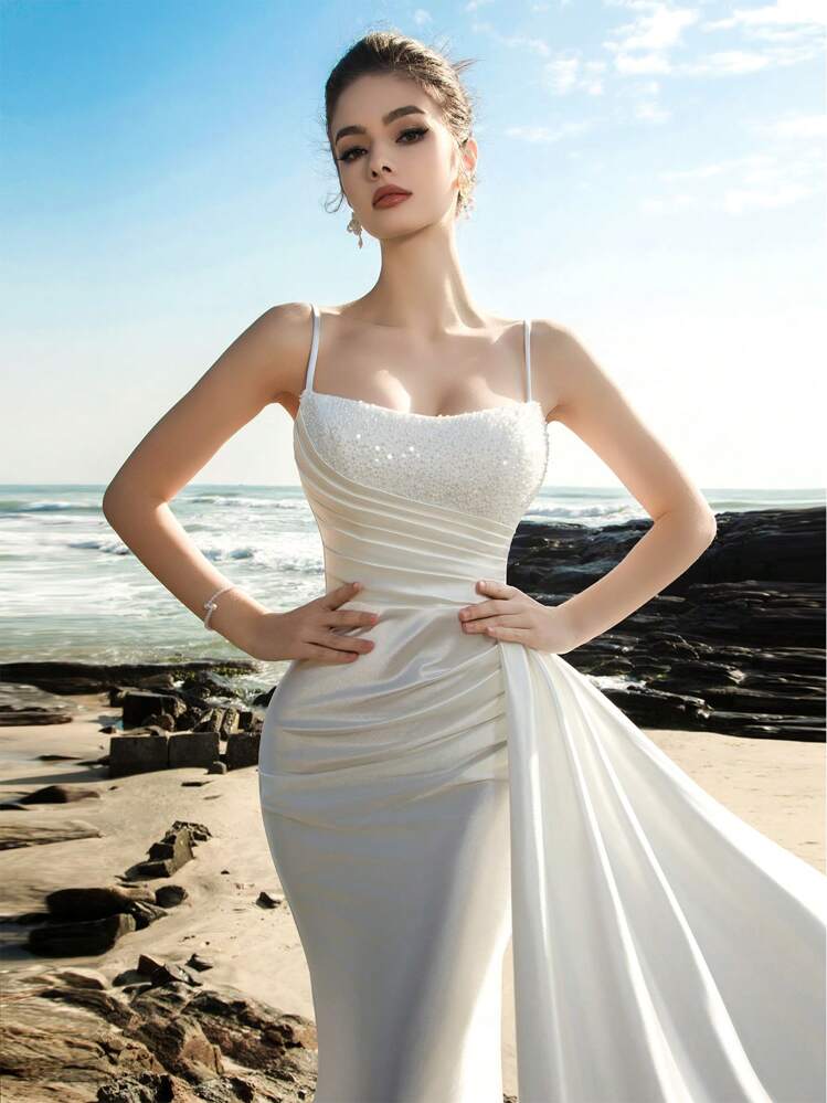 HEARBOBO Chic Luxury Beaded Embroidery Satin Mermaid Wedding Dress Bridal, Elegant Formal Evening Prom Wedding Guest Gown, For Graduation, Christmas Party, Civil Wedding Dress Spring White - White - View 2