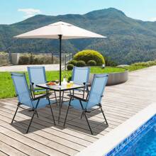 Set Of 4 Patio Folding Dining Chairs Outdoor Portable Sling Back Chairs - 藍色 - 查看 6
