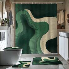 1/4pcs Green Wavy Theme Bathroom Set, Shower Curtain, Bath Mat, U-Shaped Toilet Lid Cover, Waterproof, Fashionable Curtain For Bathroom Decoration, Modern Style, Machine Washable Back To School