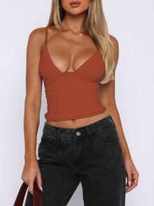 女式纯色 V 领性感修身街头服饰春夏季度假派对俱乐部外出吊带背心短款上衣 - 磚紅色 - 查看 3