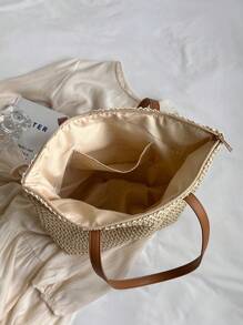 1 pieza Bolso de hombro con cierre de gran capacidad, estilo casual de vacaciones, transpirable, tejido en beige, adecuado para señoras en primavera/verano, para artículos de playa, teléfono de viaje, billetera, lápiz labial, llaves, pañuelos, bolsas de almacenamiento