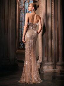 LUVISTRUE Ethereal Pearl Decor Formal Dress, Women Sequin Evening Gown For Graduation, Birthday Party, Gala, Cocktail Party, Concert, Awards Ceremony, Solid Color One-Shoulder Floor-Length Dress - Champagne - View 2