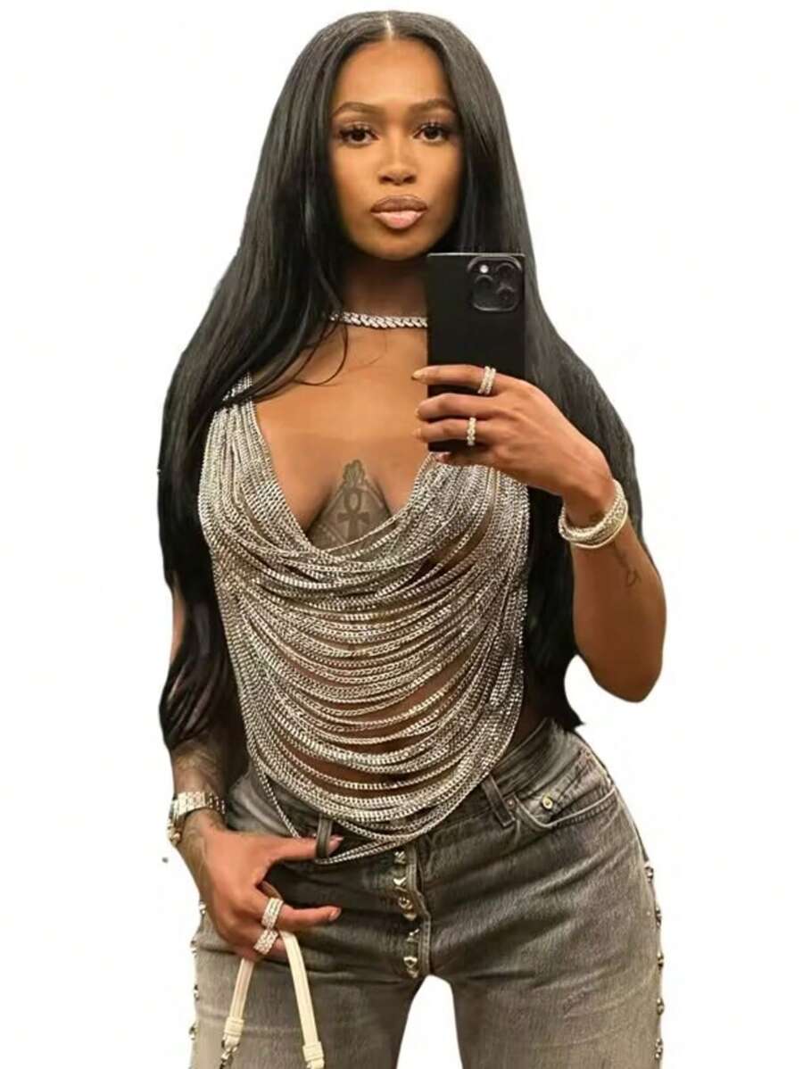 1pc Multi-Layer Tassel Chain Punk Style Body Chain Necklace, Suitable For Parties, Christmas And Daily Wear - Silver - View 1