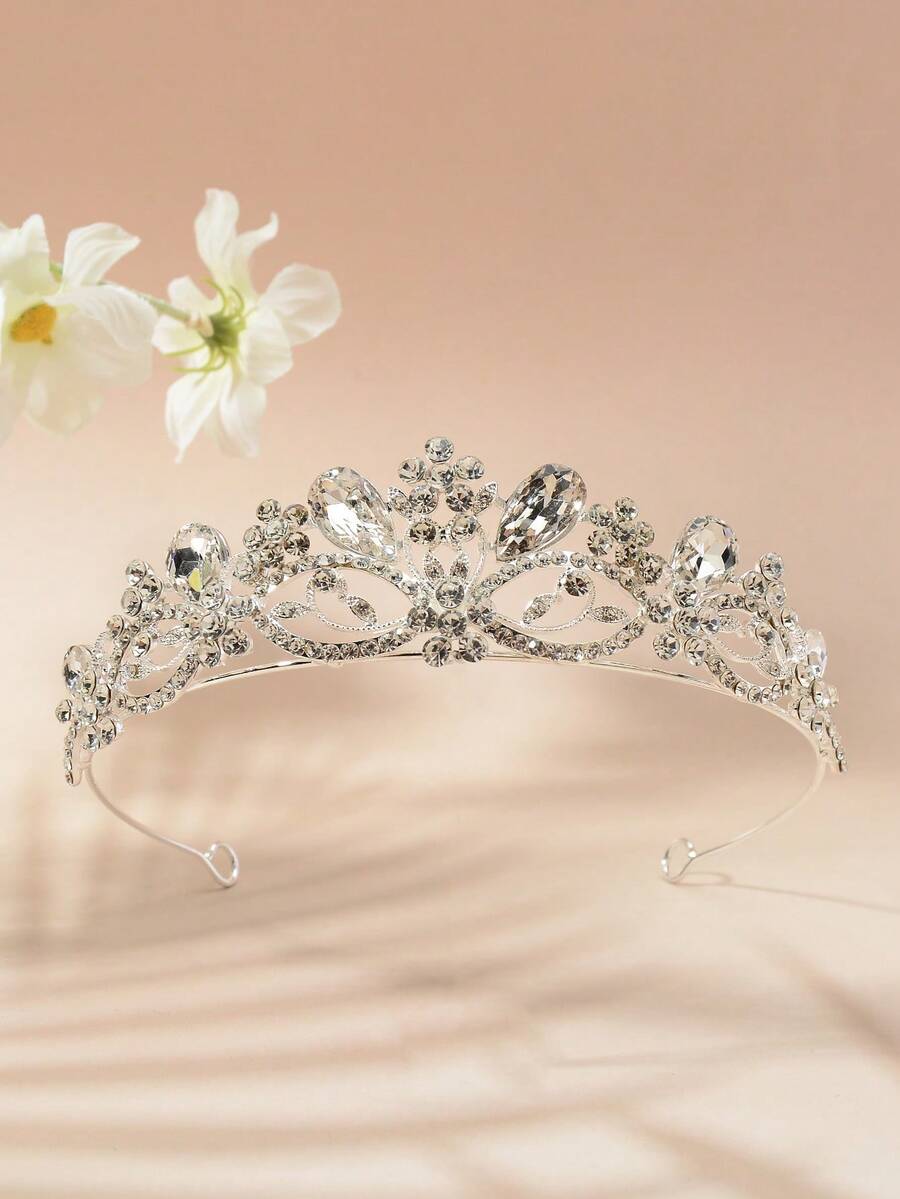 1pc Rhombus Pattern Zinc Alloy Bridal Crown, Elegant Queen Style Wedding Tiara For Bride, Adult Ceremony Gift, All-Weather Use - Silver - View 1